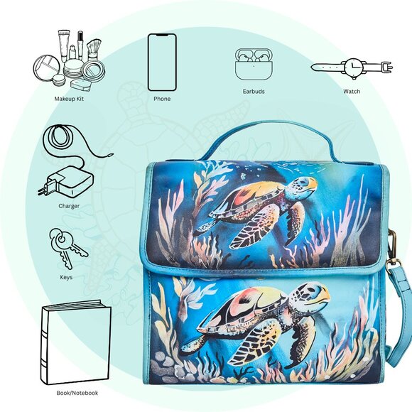 Leather Hand Painted Top Handle Handbag Purse With Turtle Artwork, Crossbody Bag - Picture 3 of 9